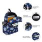 A navy blue backpack with an owl pattern, shown open with accessories inside, alongside four circular detail callouts highlighting adjustable straps, an interior laptop sleeve, water bottle pockets, and a zip closure front pocket.