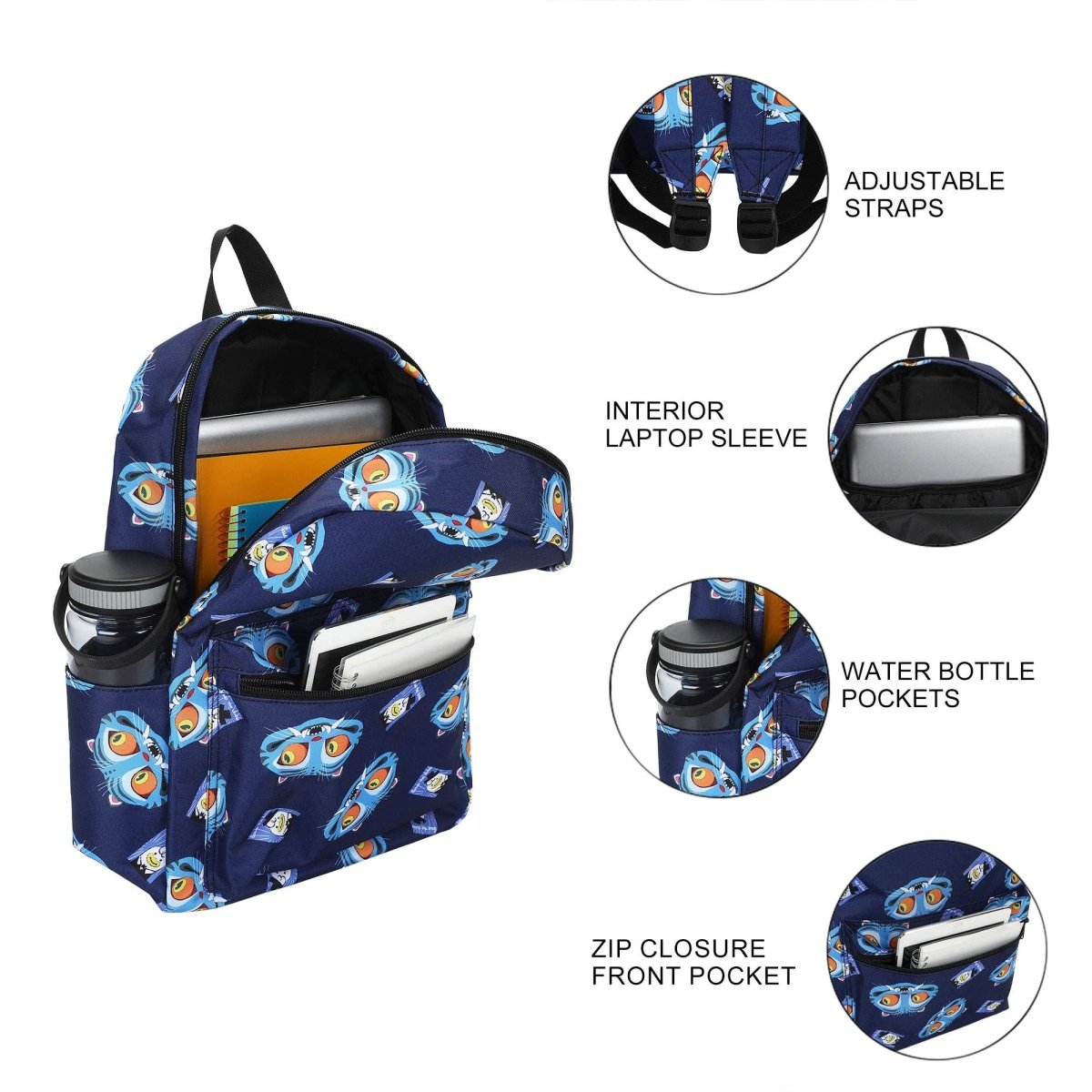 A navy blue backpack with an owl pattern, shown open with accessories inside, alongside four circular detail callouts highlighting adjustable straps, an interior laptop sleeve, water bottle pockets, and a zip closure front pocket.