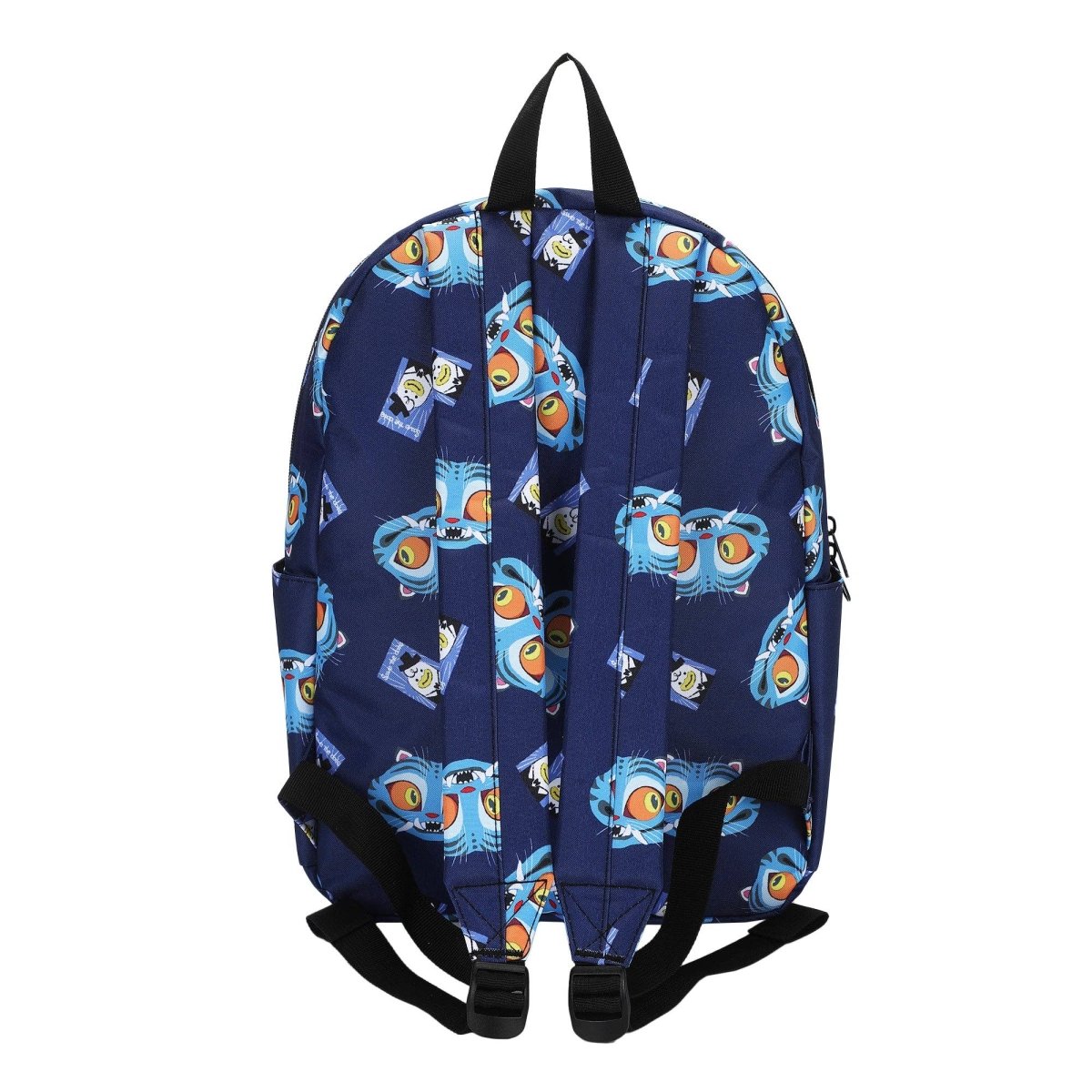 Blue backpack with cartoon character pattern on a white background