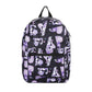 Black backpack with purple and white character pattern on a white background