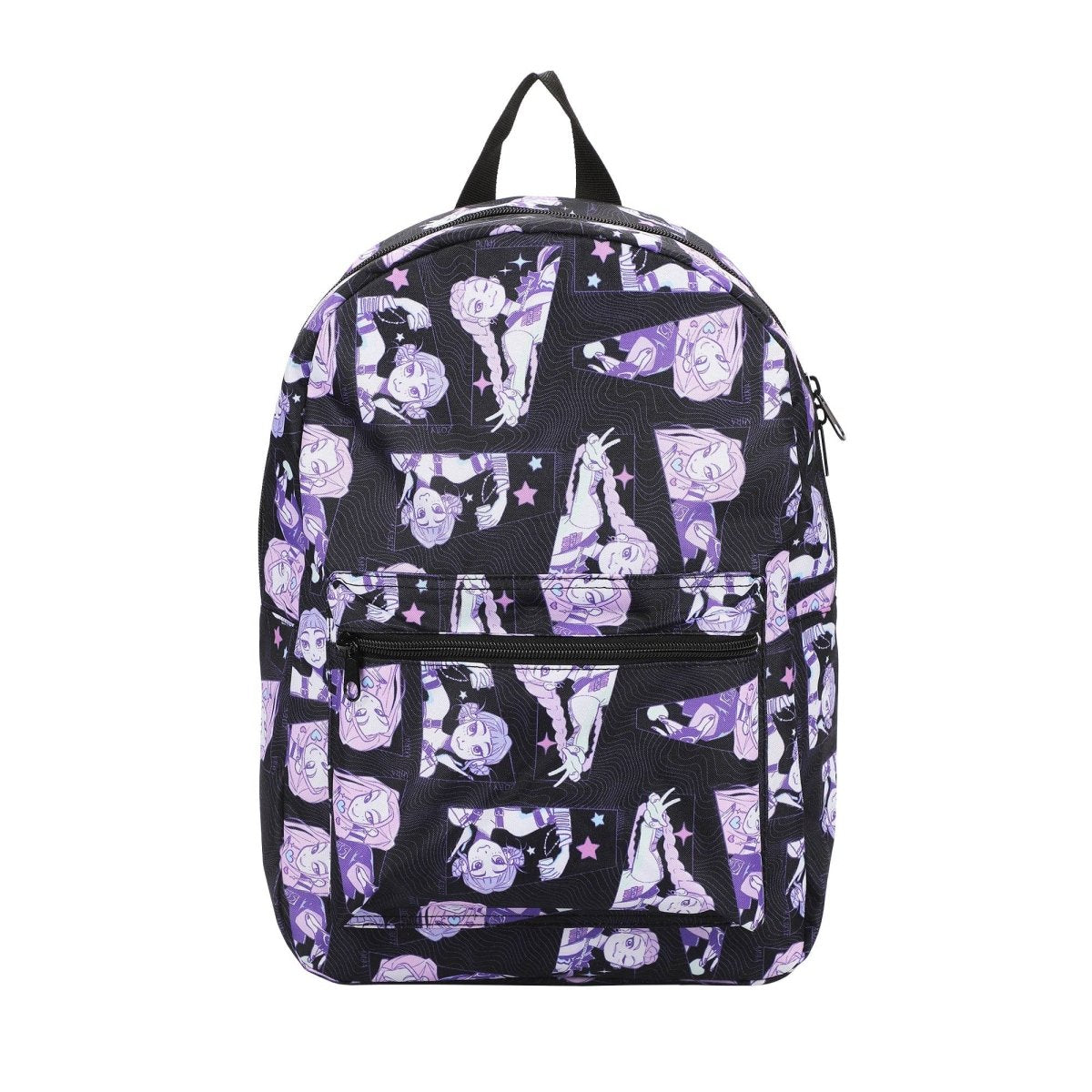 Black backpack with purple and white character pattern on a white background