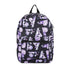Black backpack with purple and white character pattern on a white background