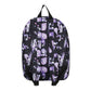Backpack with purple and white character pattern on a black background