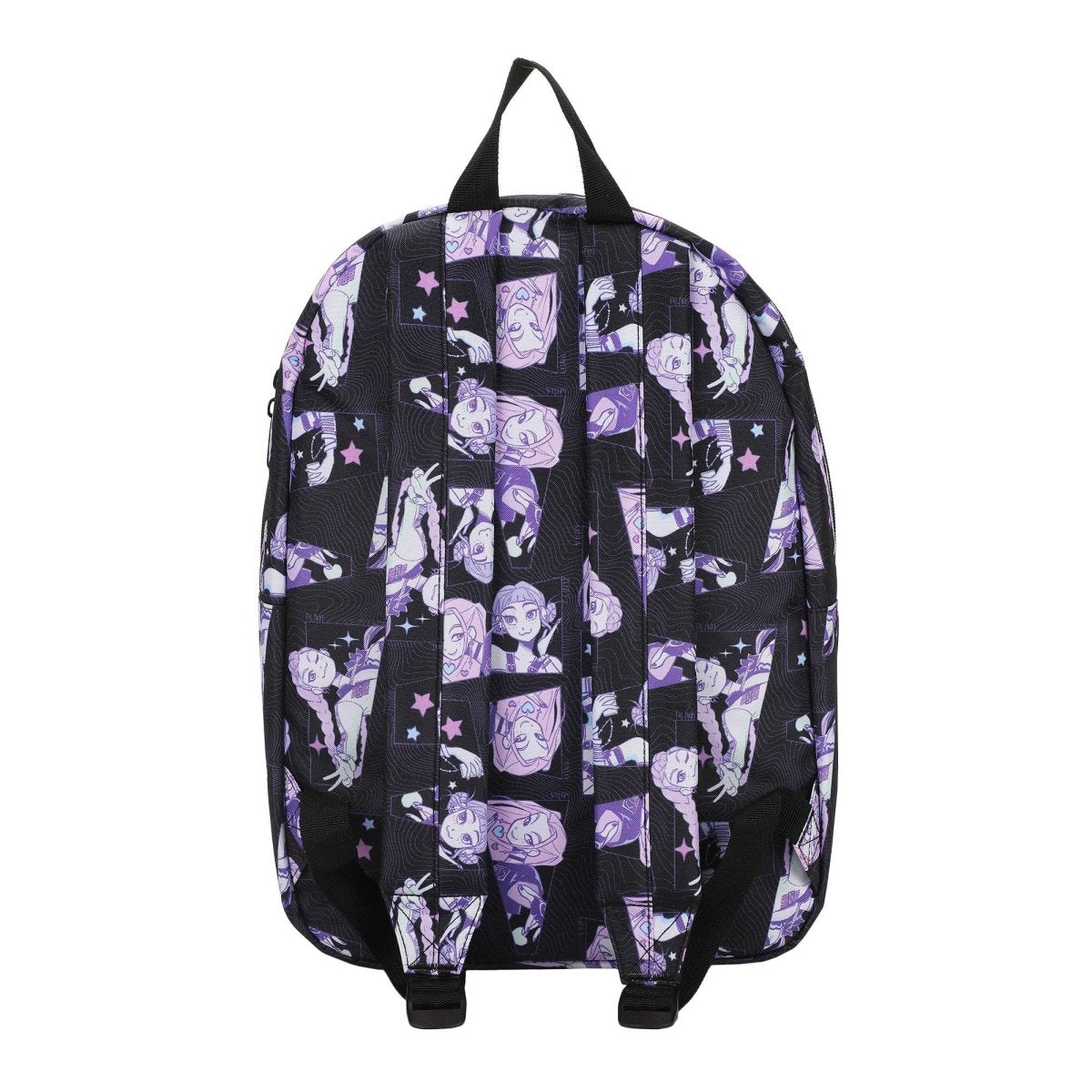 Backpack with purple and white character pattern on a black background