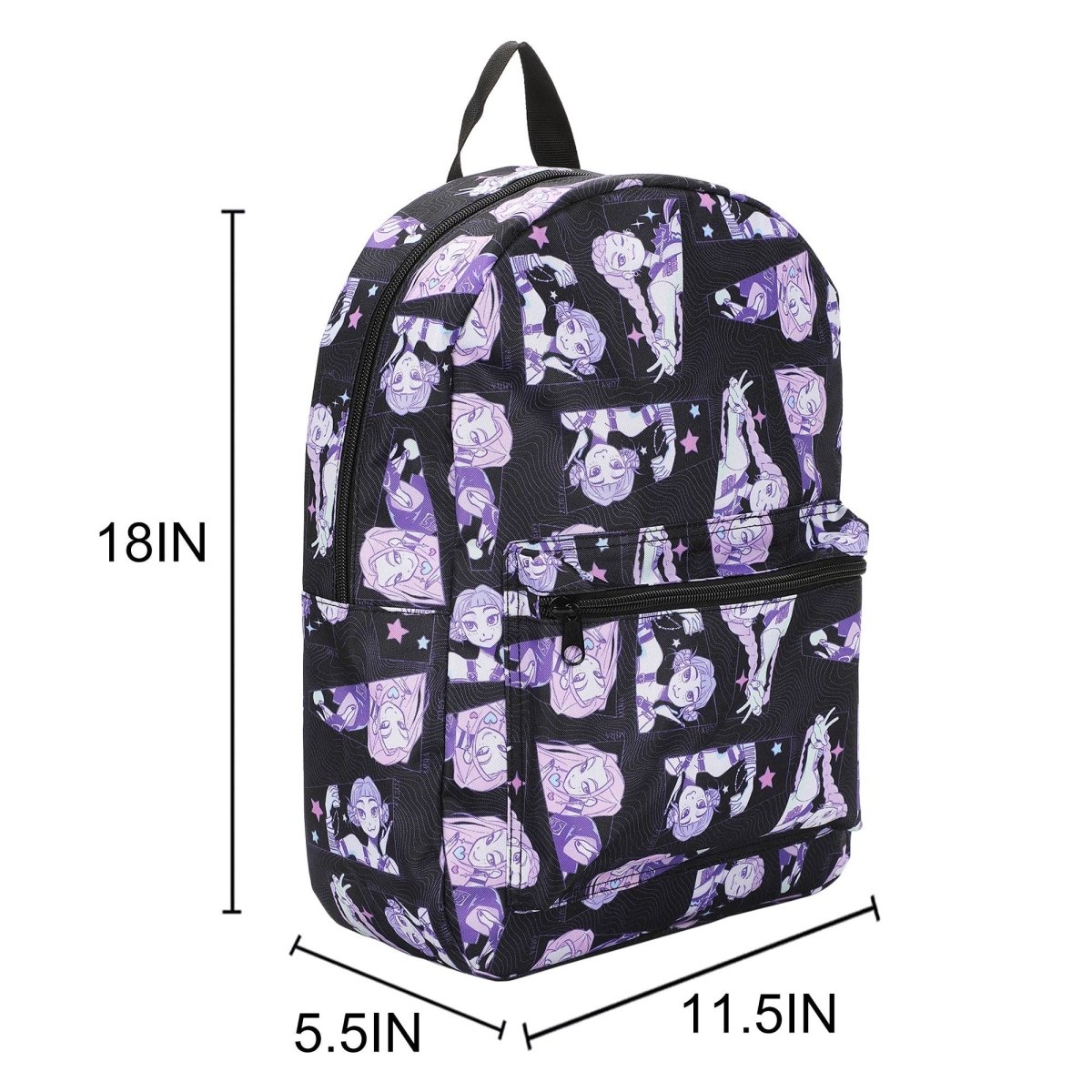Backpack with purple and white patterns on a black background, shown with measurements.