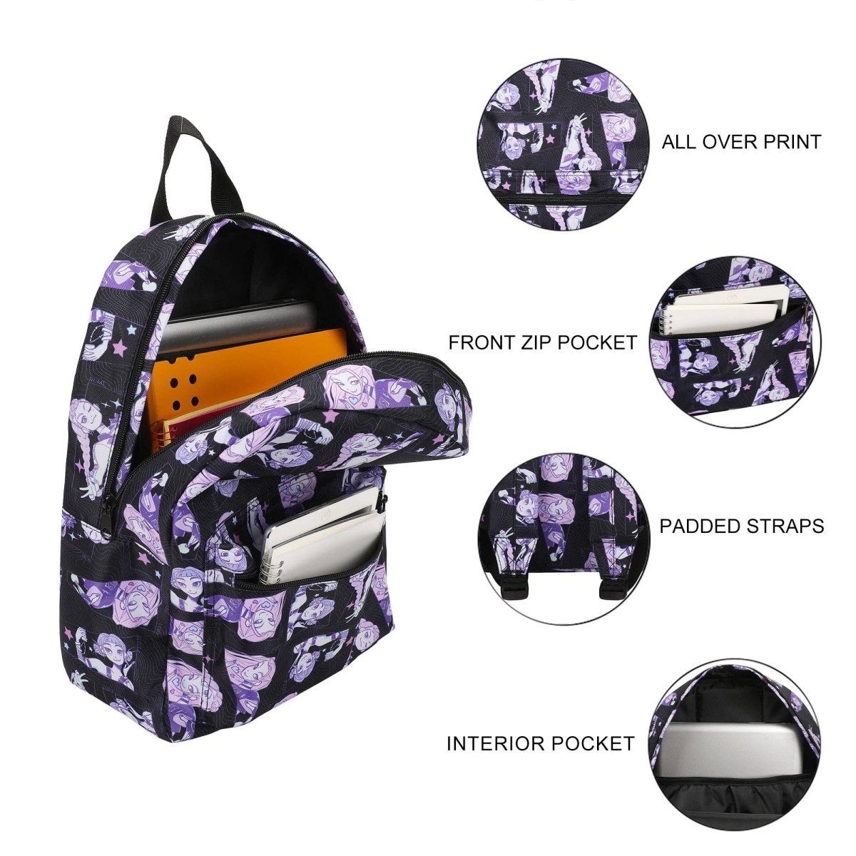 Backpack with purple and black pattern, featuring front zip pocket, interior pocket, and padded straps.