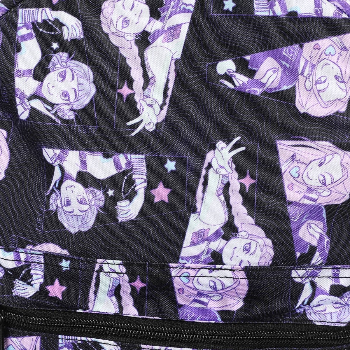 Patterned fabric with cartoon characters and stars on a black background