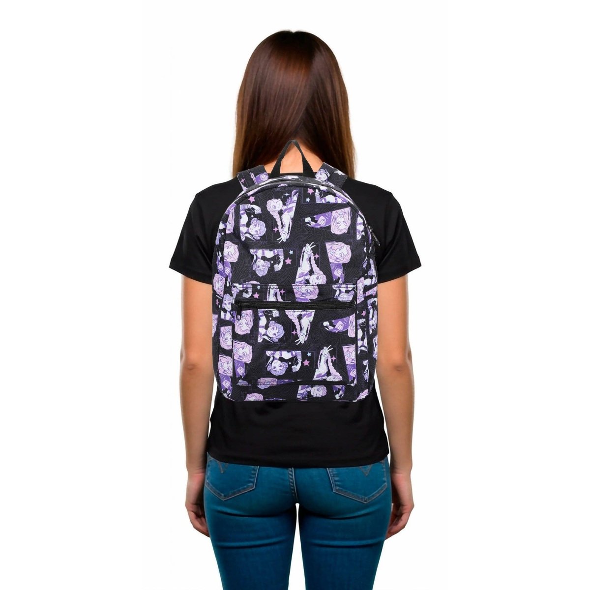 Person wearing a black t-shirt with a purple geometric pattern backpack on a white background