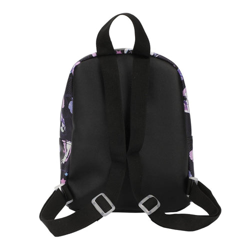 Black backpack with floral pattern on straps on a white background