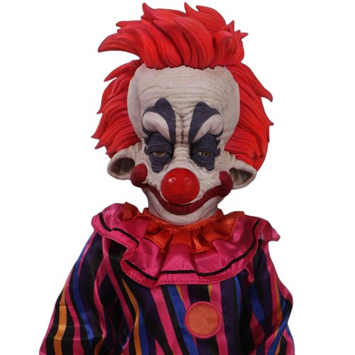 Colorful clown mask with red hair and a striped outfit on a white background