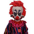 Colorful clown mask with red hair and a striped outfit on a white background