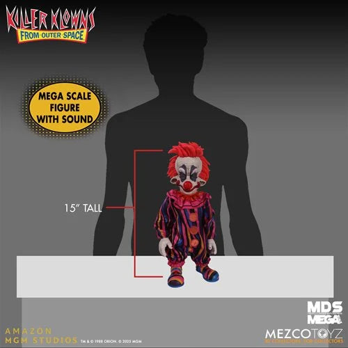 Killer Klowns from Outer Space figure with sound, 15" tall, shown against a silhouette of a person.