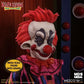 Mega scale collectible figure of the Killer Clown from Outer Space by Mezco Toyz, featuring detailed red hair, a creepy clown mask with a red nose and smile, and a striped purple and orange costume.