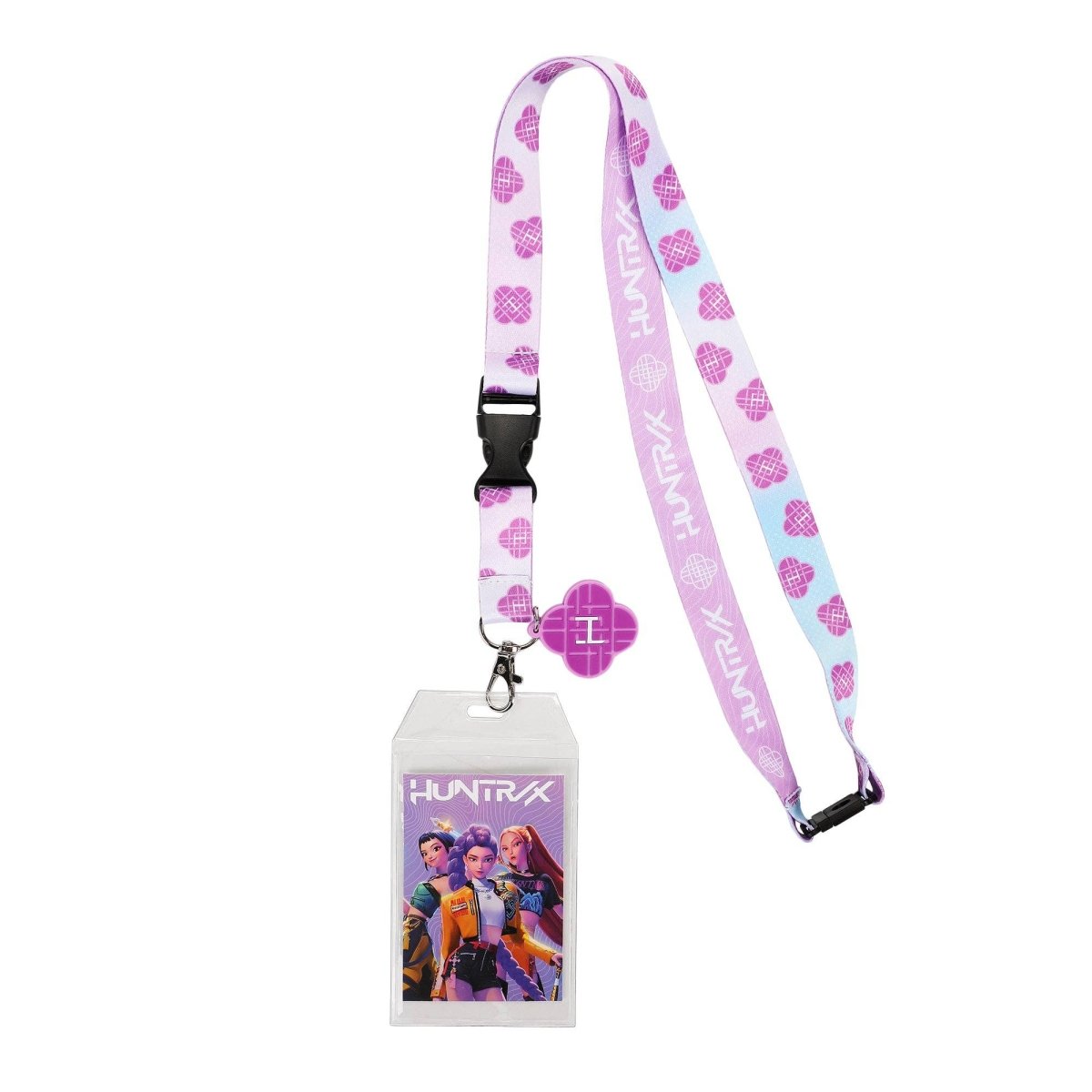 Lanyard with heart pattern and 'HUNTRX' branding on a white background
