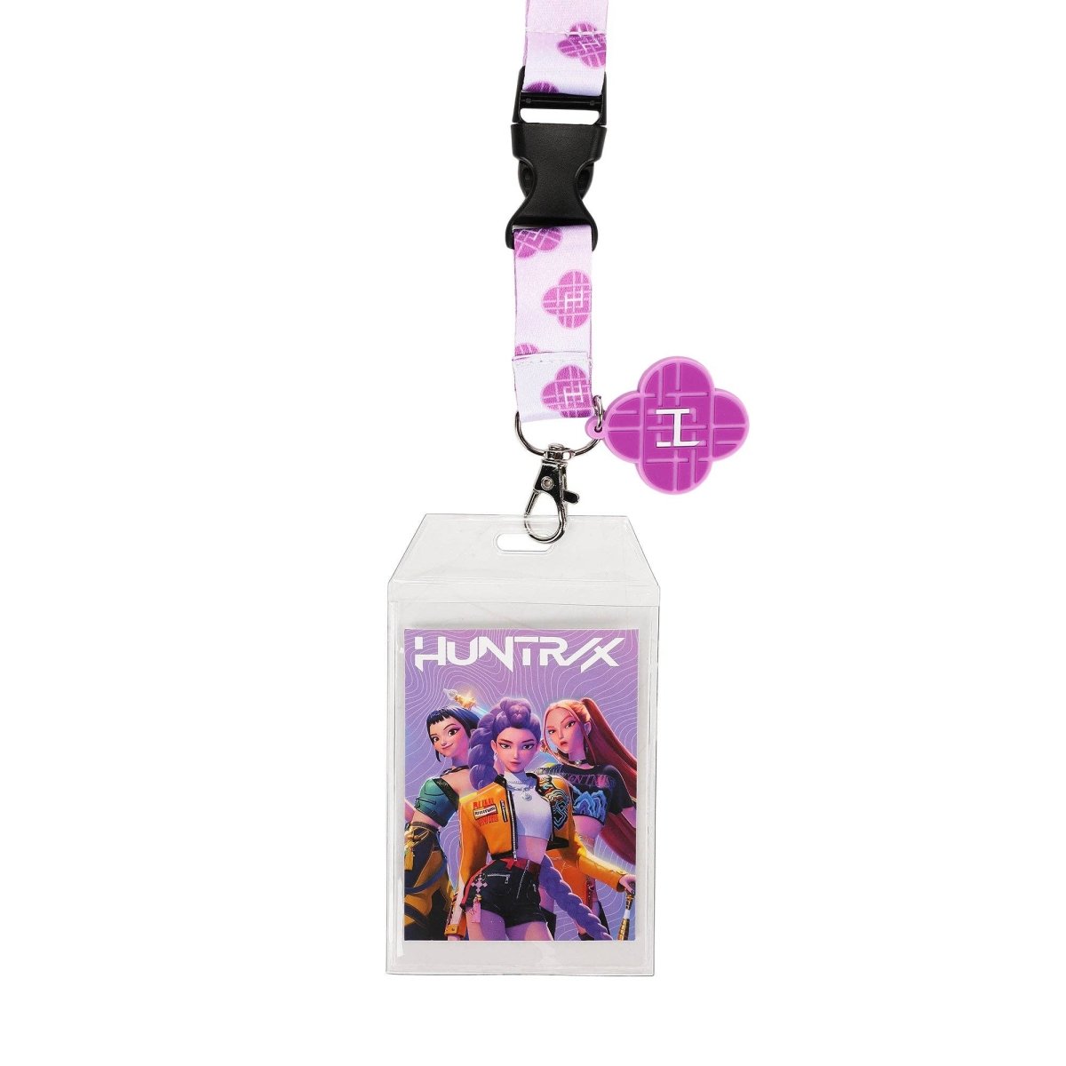 Lanyard with a purple heart pattern and a card holder featuring characters from 'Huntrix' on a white background.
