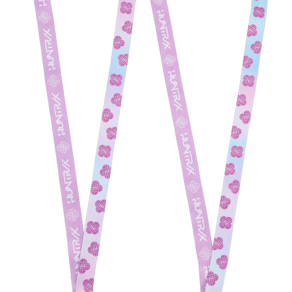 Four pink lanyards with heart patterns and 'Huntix' branding on a white background