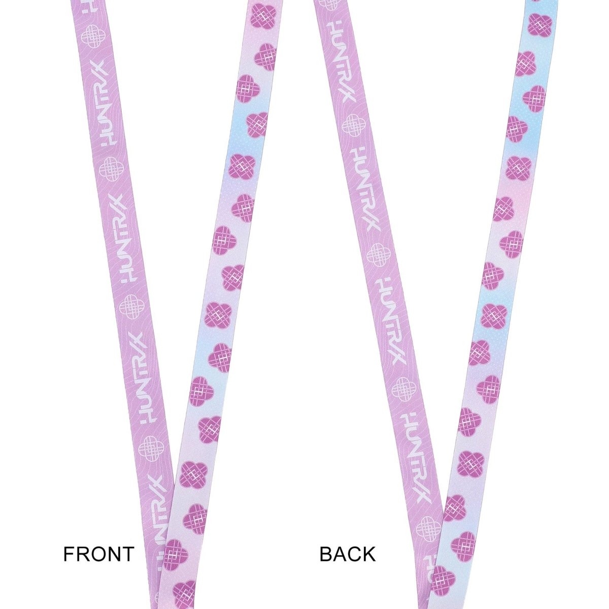 Two lanyards with pink hearts and 'HUNTER' branding, one showing front and back views.