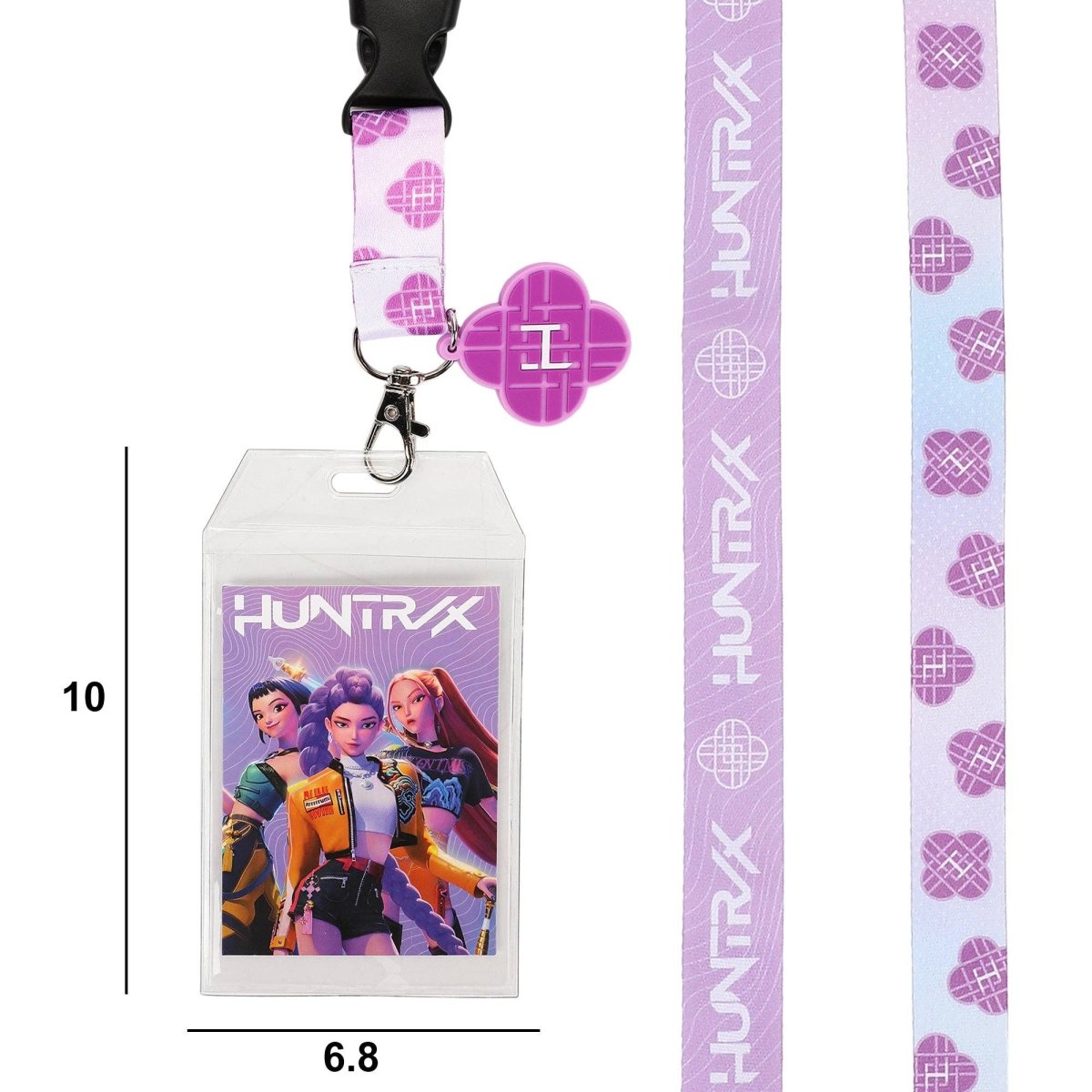 Huntrax lanyard with character card and measurements on a white background