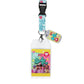 Lanyard with badge holder and keychain featuring colorful design on a white background