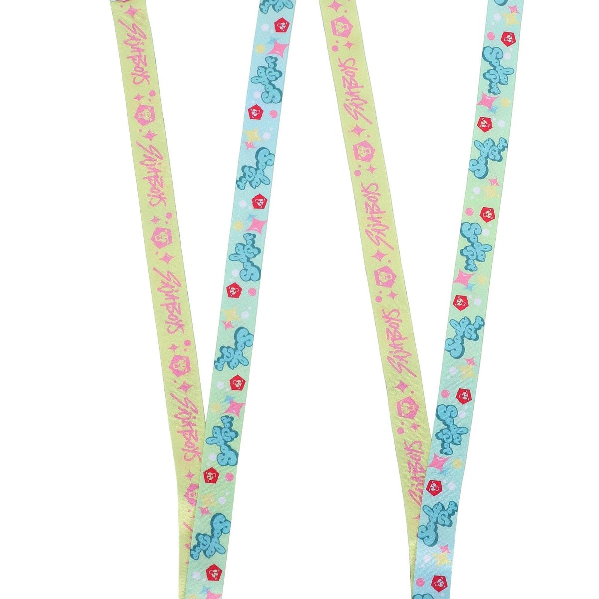 Two colorful lanyards with cartoon character design on a white background