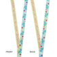 Two colorful lanyards with cartoon characters on a white background, labeled 'Front' and 'Back'.