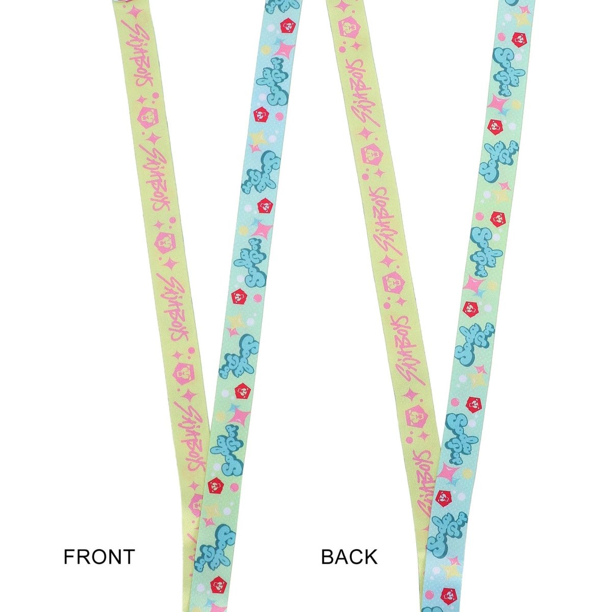 Two colorful lanyards with cartoon characters on a white background, labeled 'Front' and 'Back'.