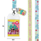 Colorful lanyard with badge holder and character design on a white background