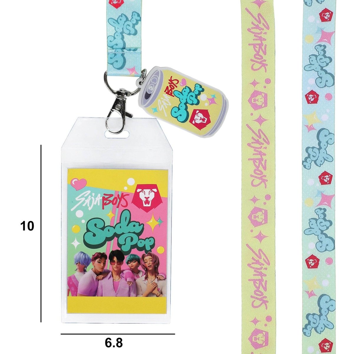Colorful lanyard with badge holder and character design on a white background