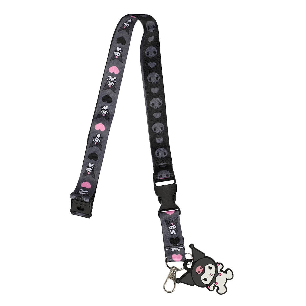 Black lanyard with skull and heart pattern on a white background