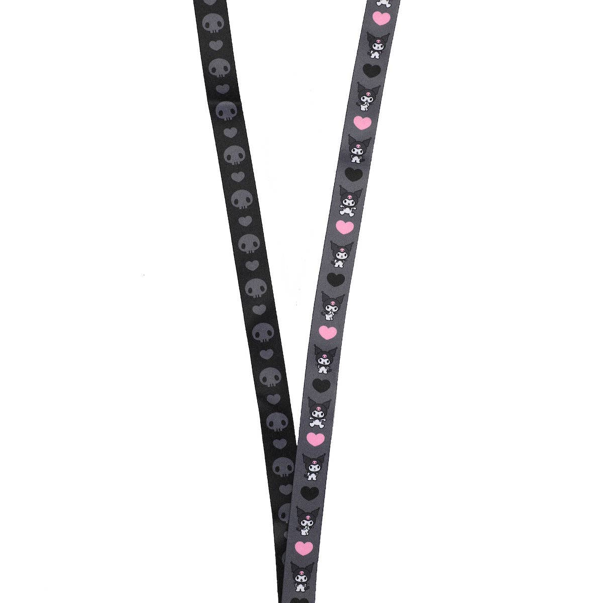 Two black lanyards with pink heart and skull patterns on a white background