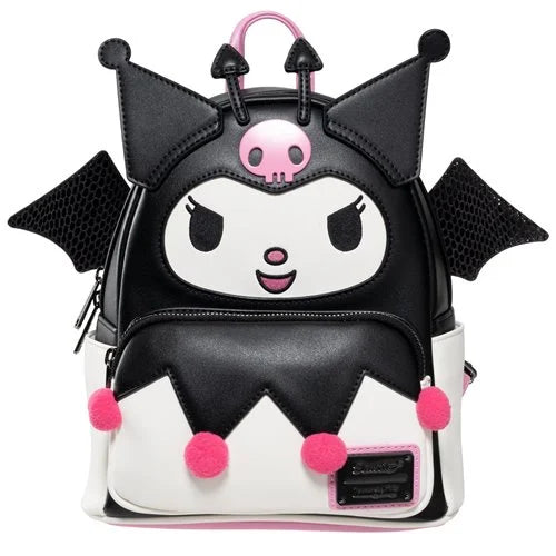 Kuromi-themed black mini backpack featuring devil horns and bat wings