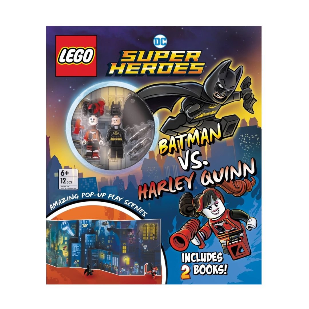 LEGO Super Heroes Batman vs Harley Quinn book set packaging with characters and pop-up play scenes.