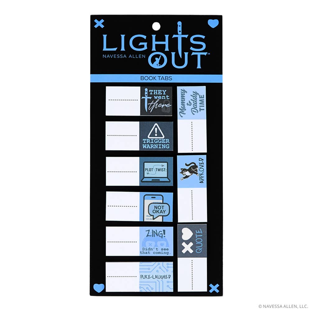 Packaging of 'Lights Out' book tabs by Navessa Allen on a white background