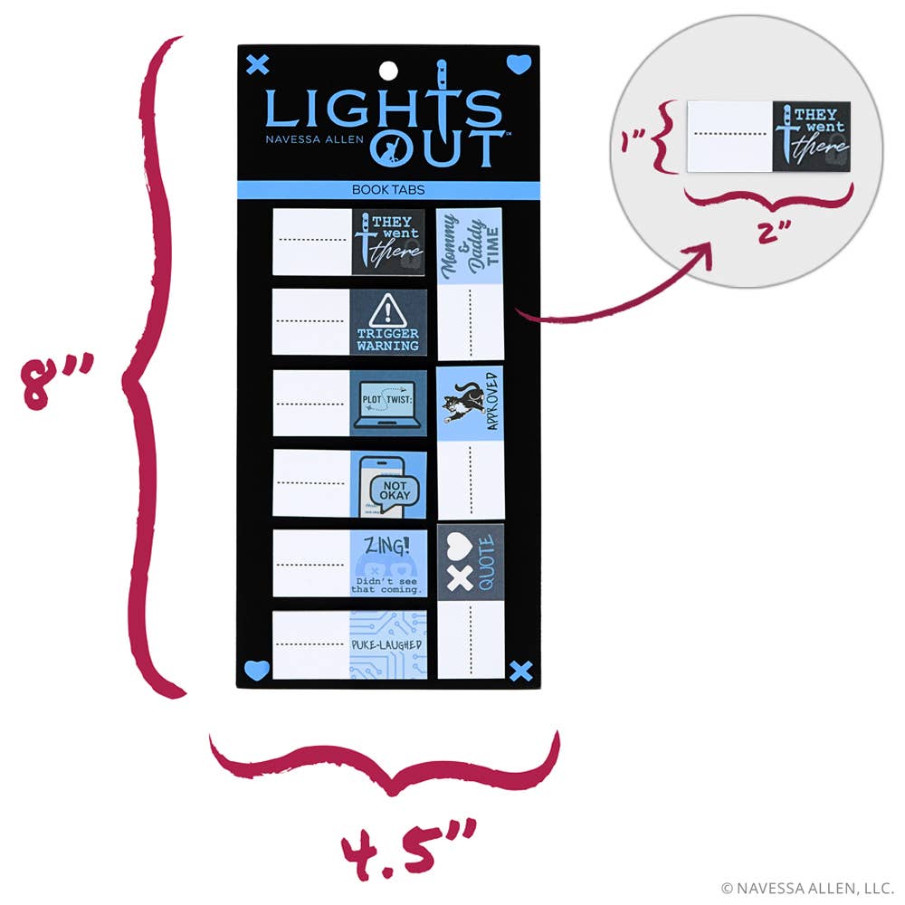 Packaging of 'Lights Out' book tabs with dimensions indicated