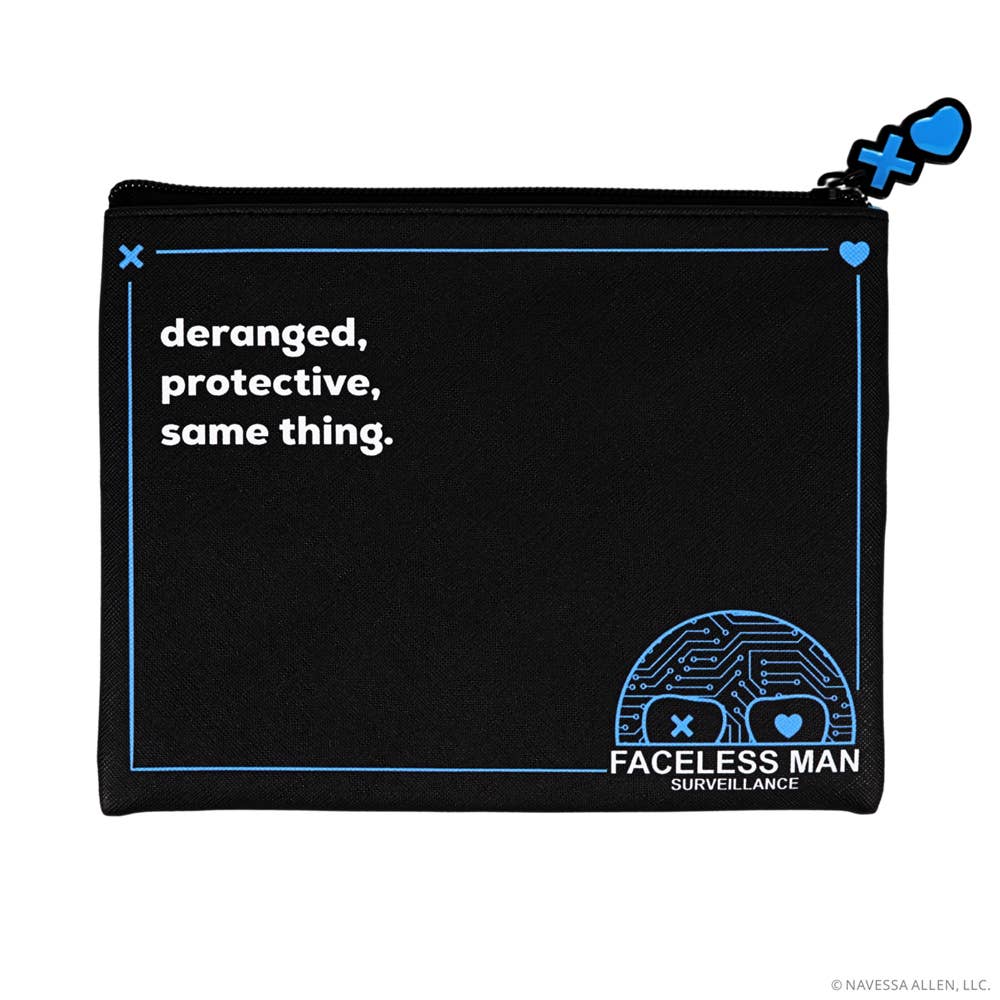 Black pouch with text and logo on a white background