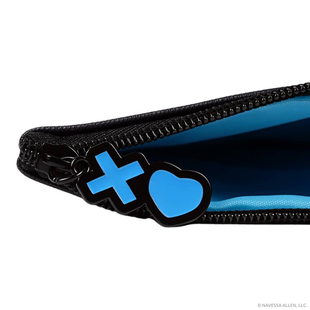Black zipper with blue 'X' and heart symbol on a white background