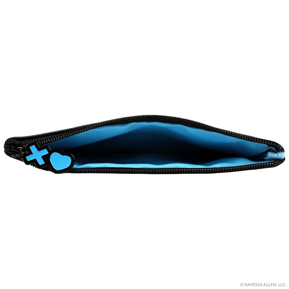 Blue pouch with a black zipper on a white background
