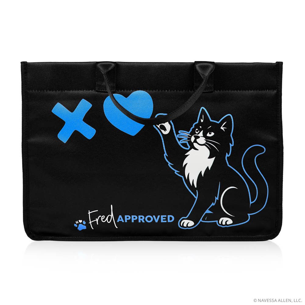 Black tote bag with blue cat illustration and 'Fred Approved' text on a white background