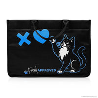 Black tote bag with blue cat illustration and 'Fred Approved' text on a white background