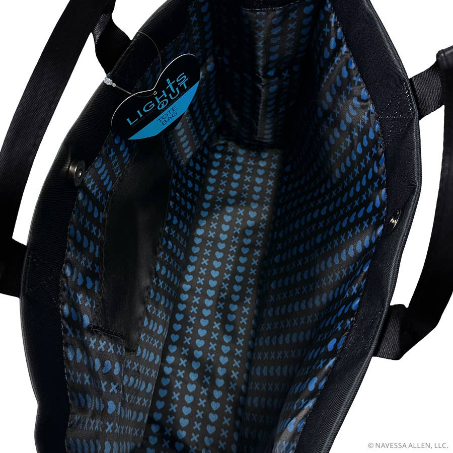 Close-up of a bag with blue heart pattern and 'Luggie' tag on a white background