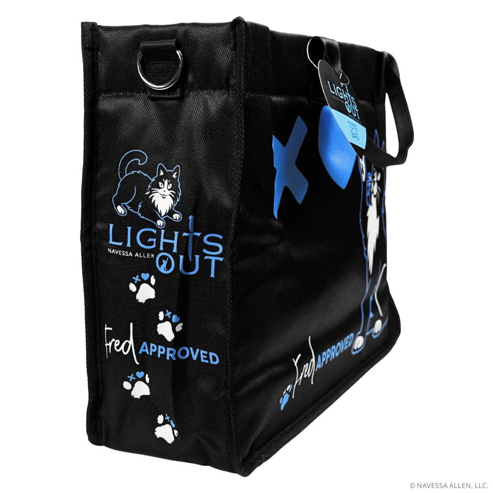 Black bag with cat-themed designs and text on a white background