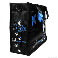 Black bag with cat-themed designs and text on a white background