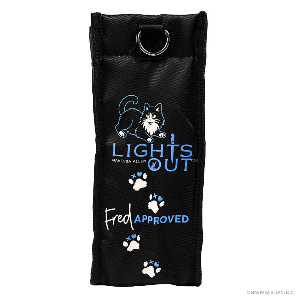 Black pouch with 'Lights Out' and paw prints design on a white background