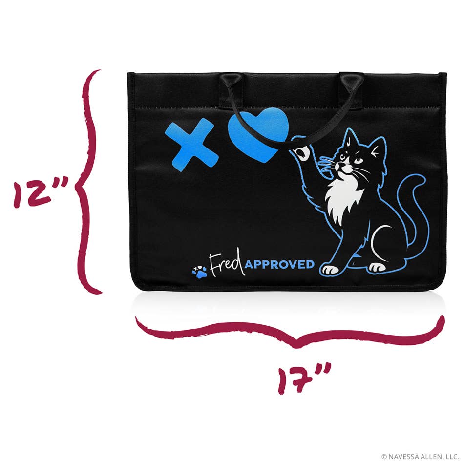 Black tote bag with blue cat design and 'Fred Approved' text, shown with dimensions on a white background.