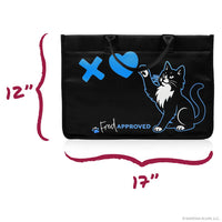 Black tote bag with blue cat design and 'Fred Approved' text, shown with dimensions on a white background.