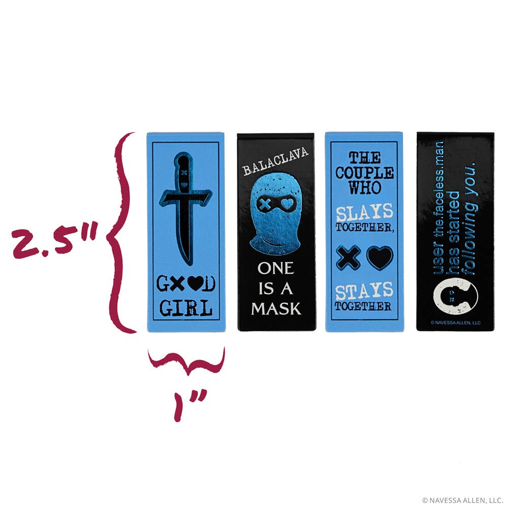 Four rectangular stickers with text and graphics on a white background