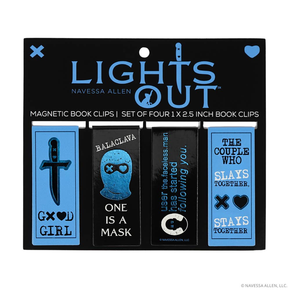 Packaging of 'Lights Out' magnetic book clips with text and graphics on a black background.