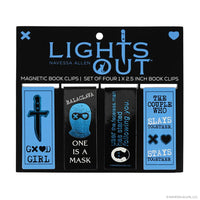Packaging of 'Lights Out' magnetic book clips with text and graphics on a black background.