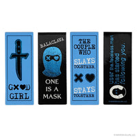 Four rectangular products with text and graphics on a white background