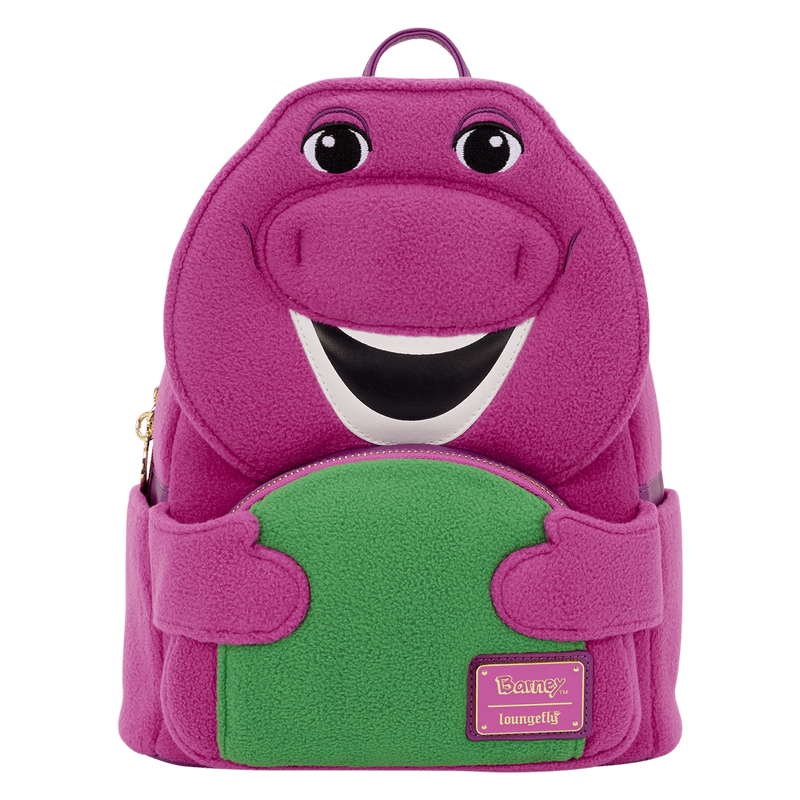 Purple dinosaur-shaped backpack with a green belly on a white background